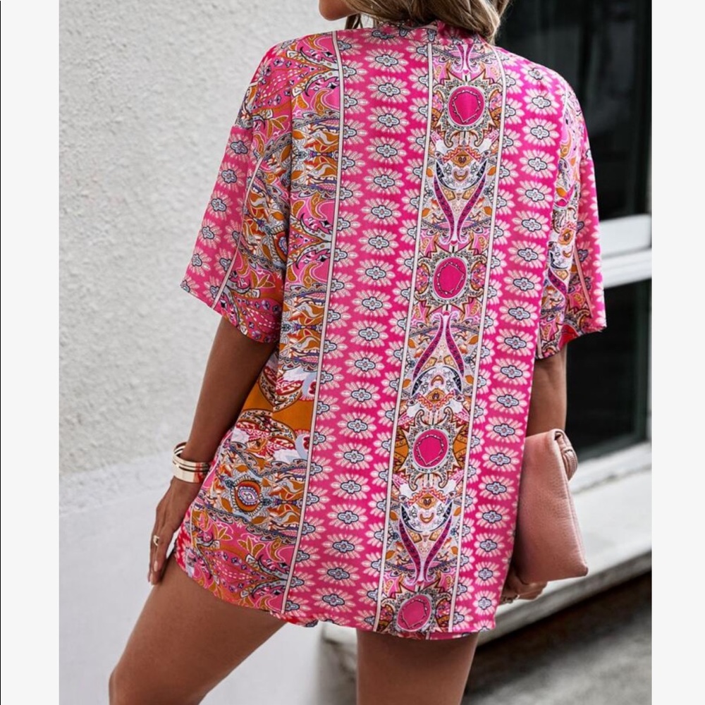 Boho Floral Paisley Print Open Front Kimono Top Shirt Blouse Shorts Set PINK - Picture 3 of 14